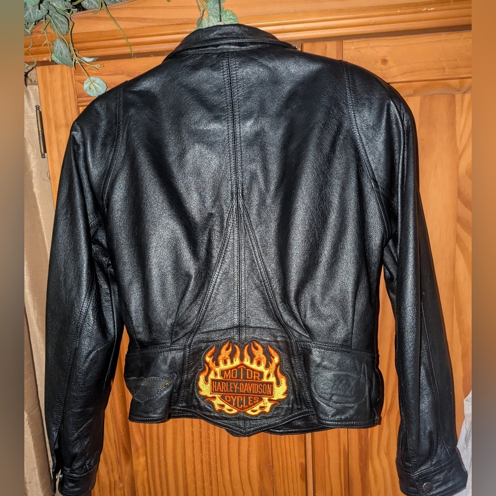 Harley-Davidson Women's Black Leather Jacket with Flame Logo. Size M